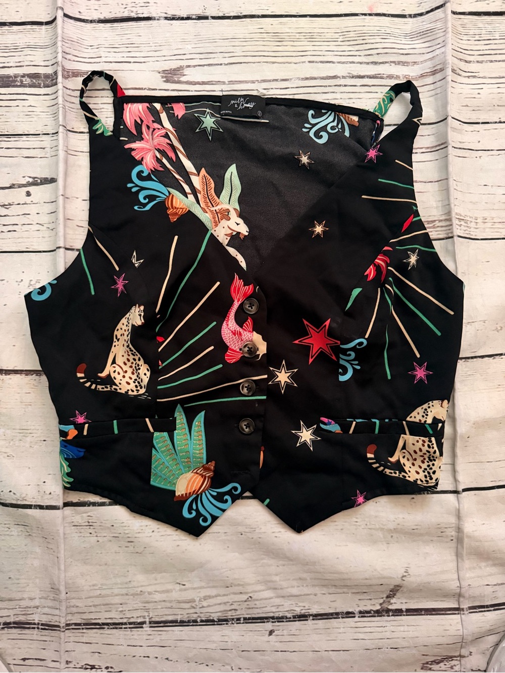 Black Printed Button-Front Vest with Colorful Animal & Star Motif